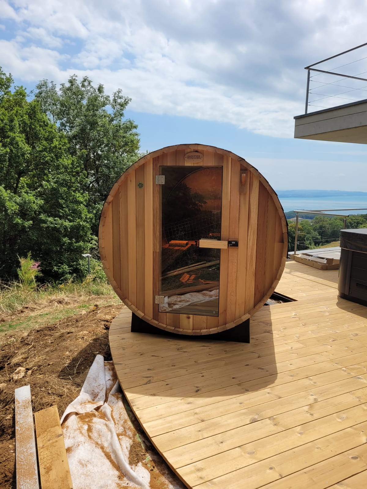 Fasssauna Zedernholz Panorama 290 mit Vordach