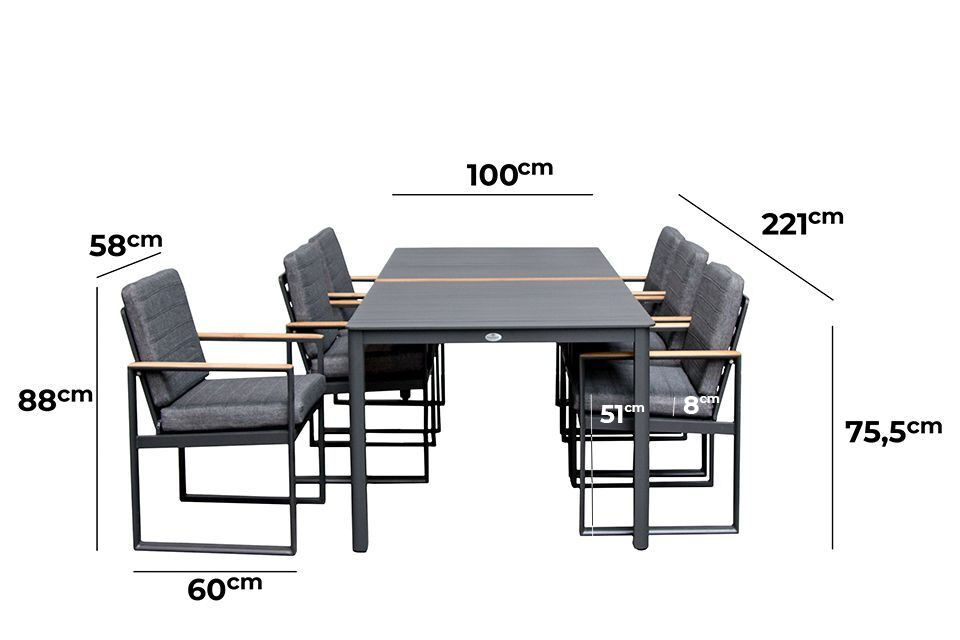 Aluminium Essgruppe mit 6 Stühlen Anthrazit