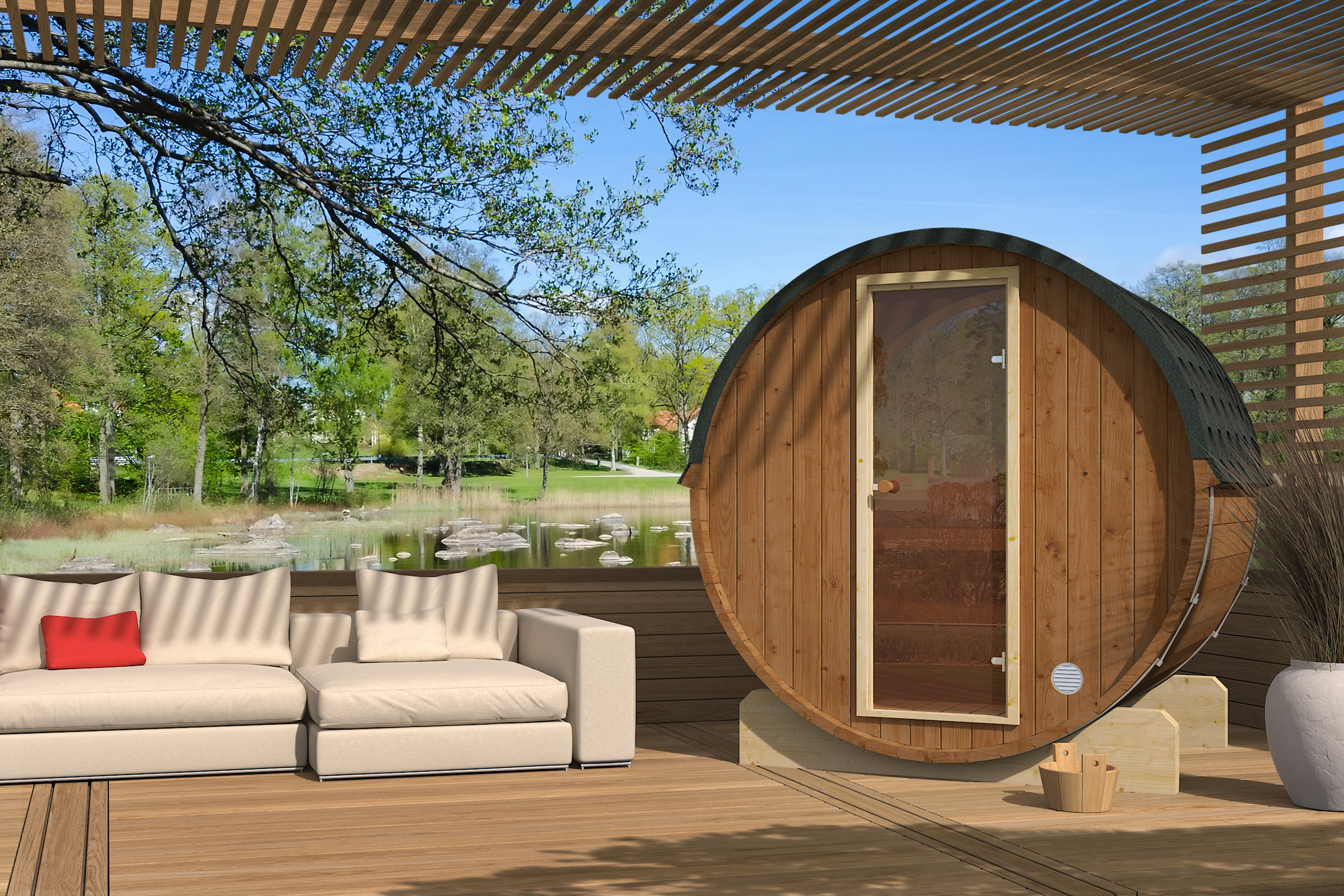 Outdoor Thermoholz Fasssauna Therra 160 – **Platin Version**