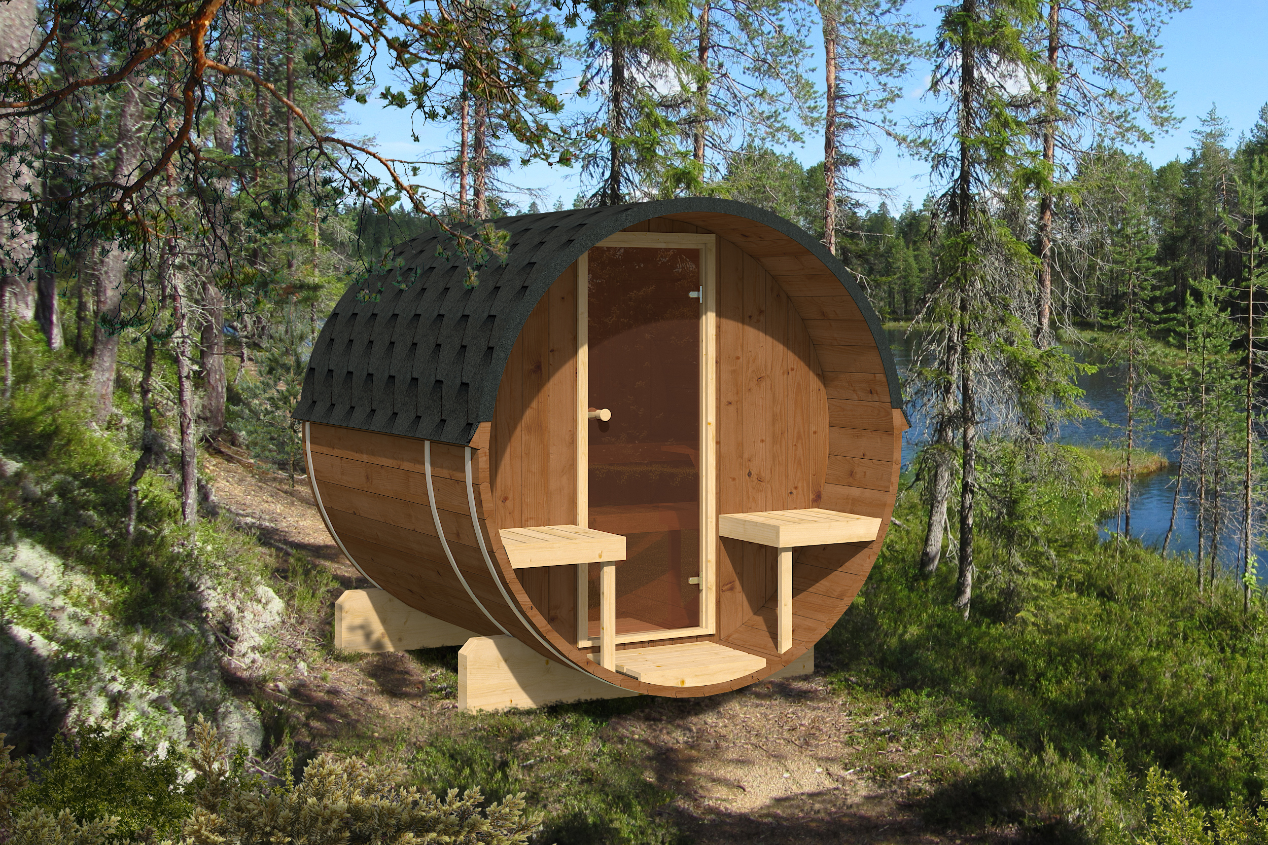 Outdoor Thermoholz Fasssauna Therra 200 – **Platin Version**