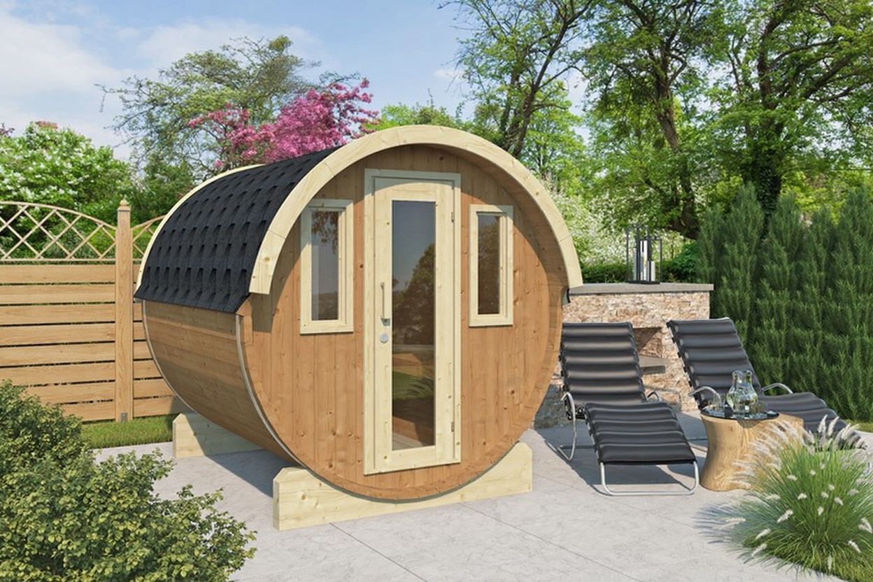 Outdoor Thermoholz Fasssauna Therra 235 – **Platin Version**