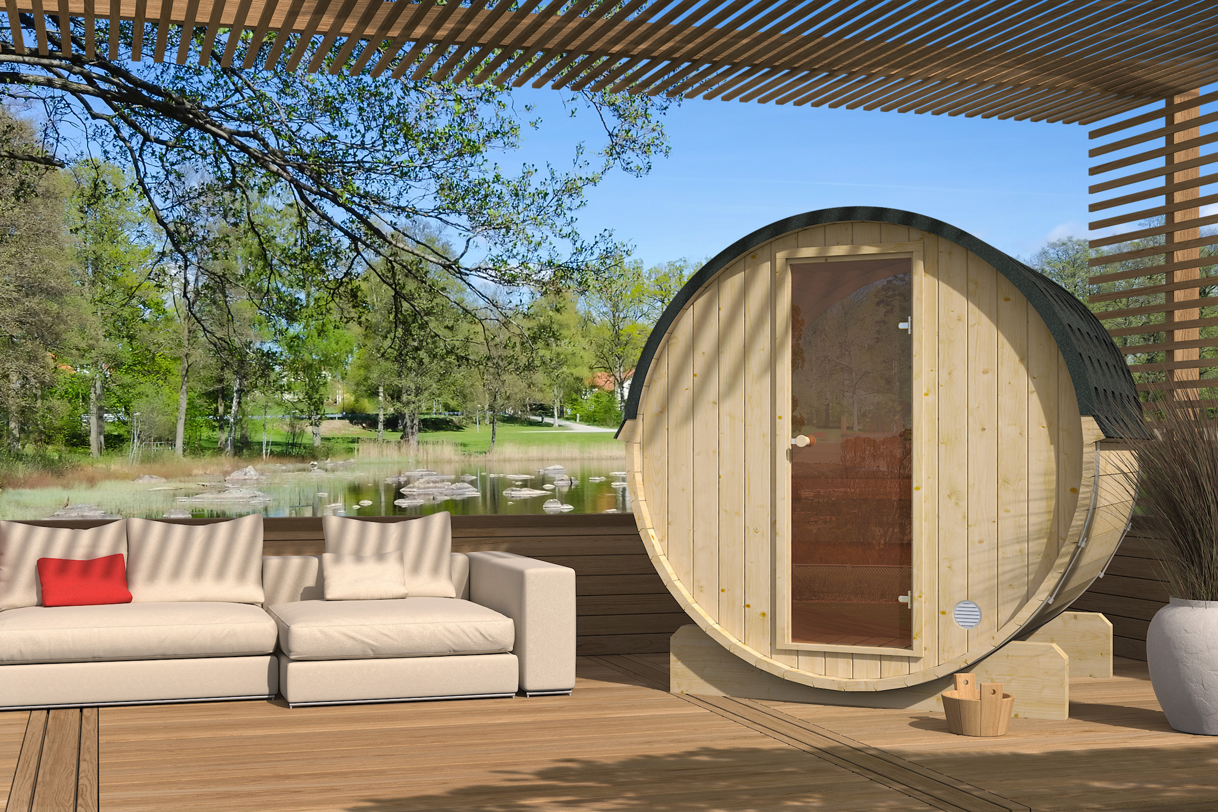 Outdoor Fichtenholz Fasssauna BalticRound 160 – **Platin Version**