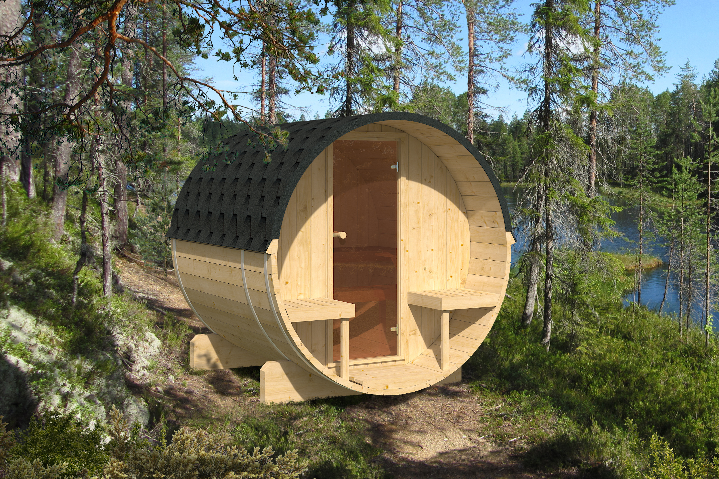 Outdoor Fichtenholz Fasssauna BalticRound 200 – **Platin Version**